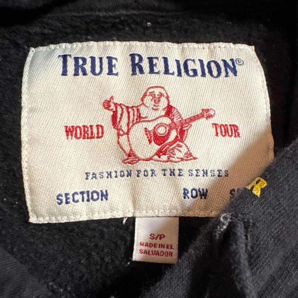 Y2K Style True Religion All Over Print Horseshoe Logo Hoodie Black‎ Gold Small